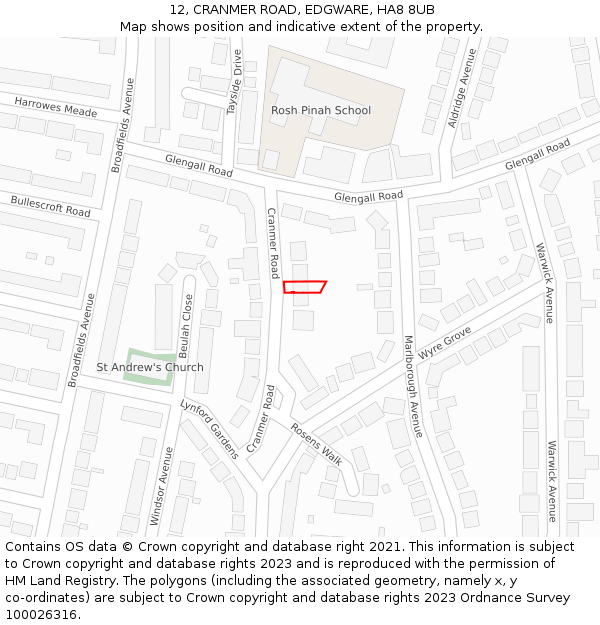12, CRANMER ROAD, EDGWARE, HA8 8UB: Location map and indicative extent of plot