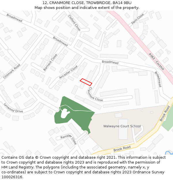 12, CRANMORE CLOSE, TROWBRIDGE, BA14 9BU: Location map and indicative extent of plot