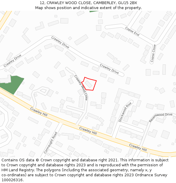 12, CRAWLEY WOOD CLOSE, CAMBERLEY, GU15 2BX: Location map and indicative extent of plot