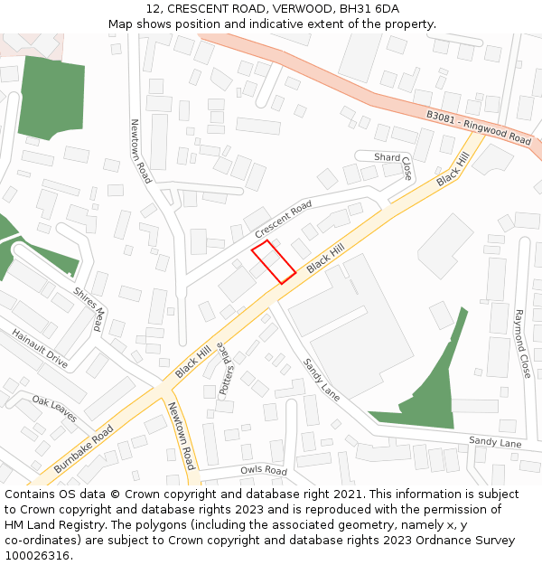 12, CRESCENT ROAD, VERWOOD, BH31 6DA: Location map and indicative extent of plot