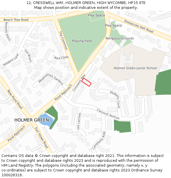 12, CRESSWELL WAY, HOLMER GREEN, HIGH WYCOMBE, HP15 6TE: Location map and indicative extent of plot