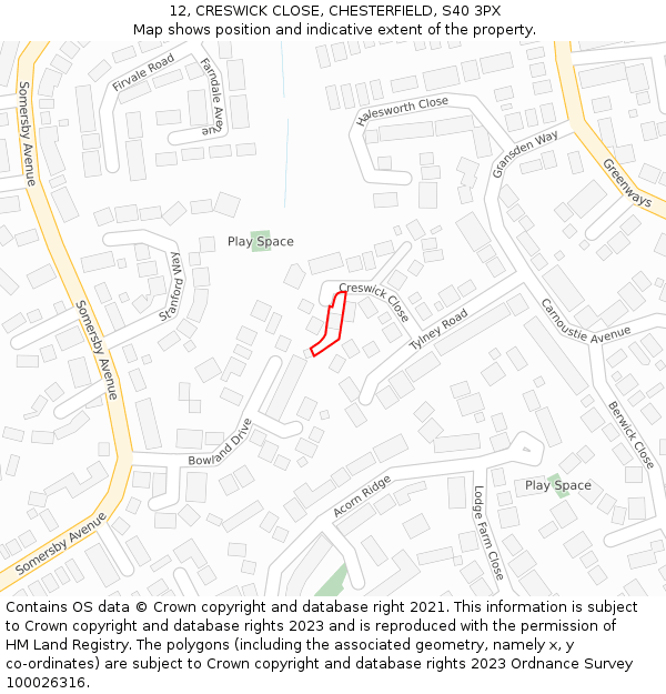 12, CRESWICK CLOSE, CHESTERFIELD, S40 3PX: Location map and indicative extent of plot