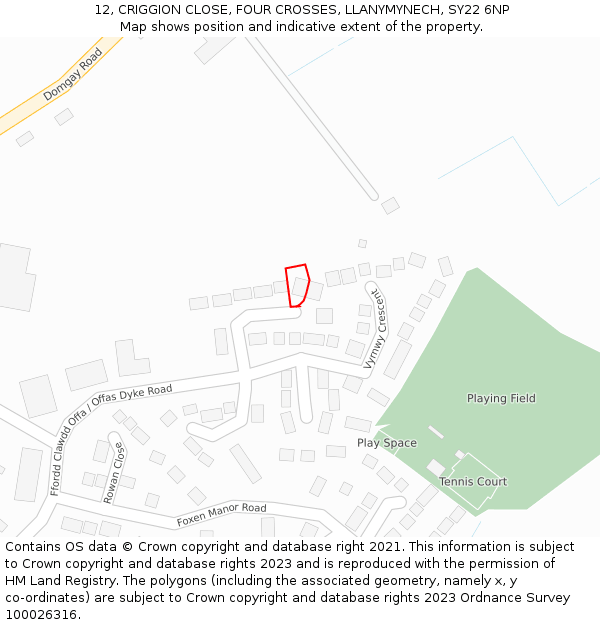 12, CRIGGION CLOSE, FOUR CROSSES, LLANYMYNECH, SY22 6NP: Location map and indicative extent of plot