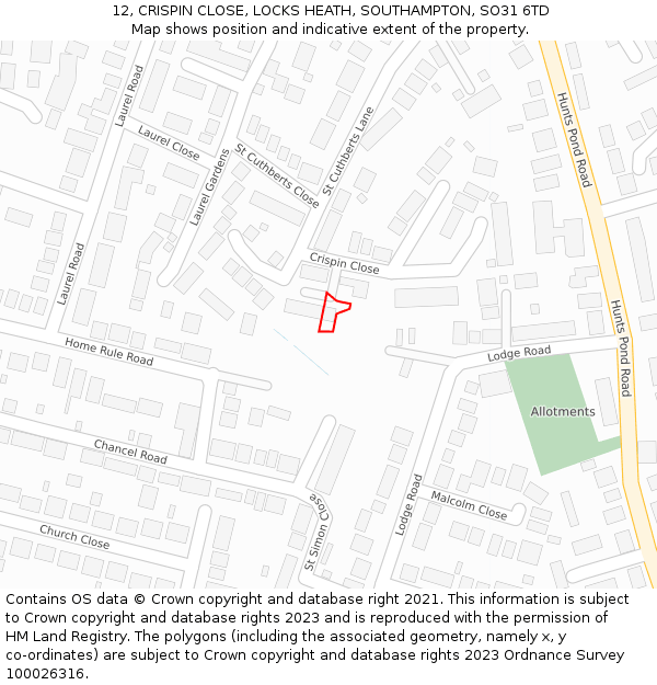 12, CRISPIN CLOSE, LOCKS HEATH, SOUTHAMPTON, SO31 6TD: Location map and indicative extent of plot