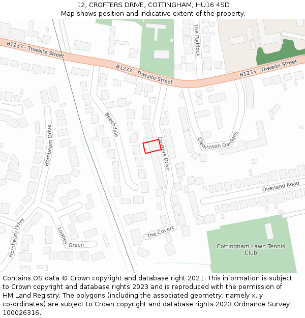 12, CROFTERS DRIVE, COTTINGHAM, HU16 4SD: Location map and indicative extent of plot