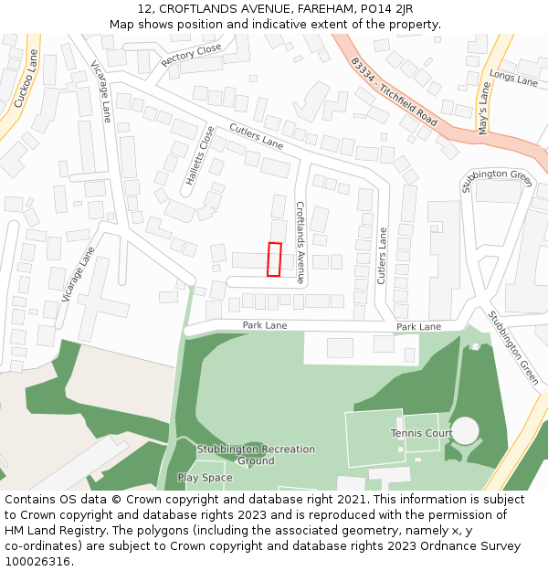 12, CROFTLANDS AVENUE, FAREHAM, PO14 2JR: Location map and indicative extent of plot