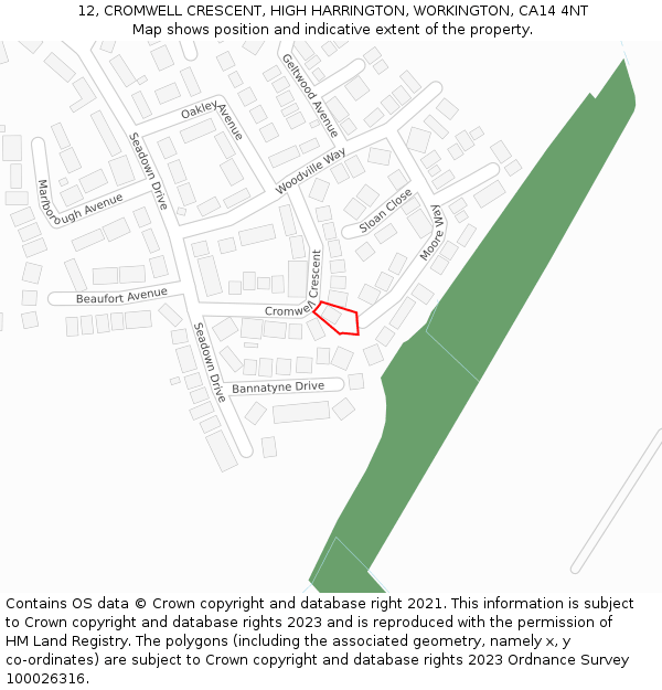 12, CROMWELL CRESCENT, HIGH HARRINGTON, WORKINGTON, CA14 4NT: Location map and indicative extent of plot