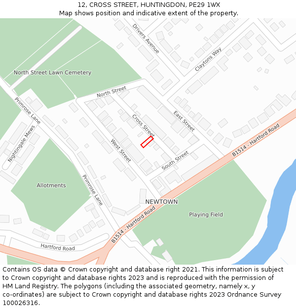 12, CROSS STREET, HUNTINGDON, PE29 1WX: Location map and indicative extent of plot