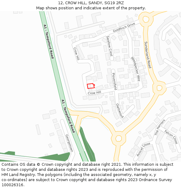 12, CROW HILL, SANDY, SG19 2RZ: Location map and indicative extent of plot