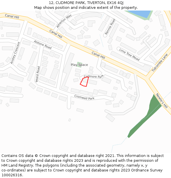12, CUDMORE PARK, TIVERTON, EX16 4QJ: Location map and indicative extent of plot