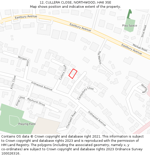 12, CULLERA CLOSE, NORTHWOOD, HA6 3SE: Location map and indicative extent of plot