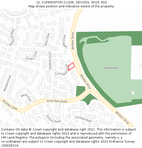 12, CUNNINGTON CLOSE, DEVIZES, SN10 3SQ: Location map and indicative extent of plot