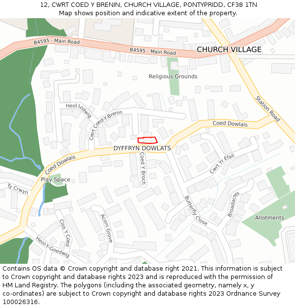 12, CWRT COED Y BRENIN, CHURCH VILLAGE, PONTYPRIDD, CF38 1TN: Location map and indicative extent of plot