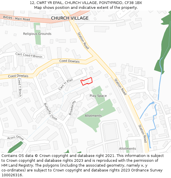 12, CWRT YR EFAIL, CHURCH VILLAGE, PONTYPRIDD, CF38 1BX: Location map and indicative extent of plot