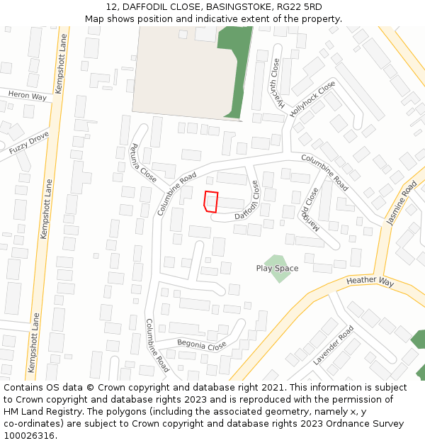 12, DAFFODIL CLOSE, BASINGSTOKE, RG22 5RD: Location map and indicative extent of plot
