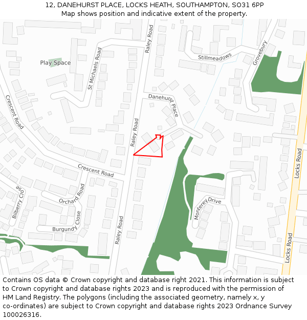 12, DANEHURST PLACE, LOCKS HEATH, SOUTHAMPTON, SO31 6PP: Location map and indicative extent of plot