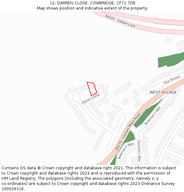 12, DARREN CLOSE, COWBRIDGE, CF71 7DE: Location map and indicative extent of plot