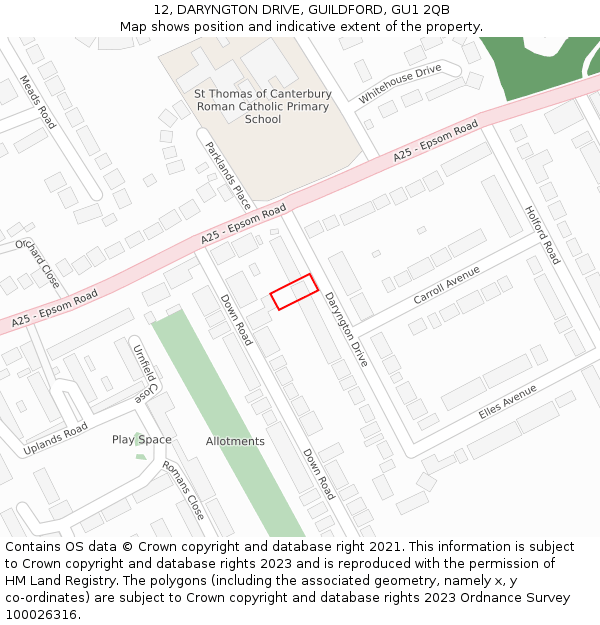 12, DARYNGTON DRIVE, GUILDFORD, GU1 2QB: Location map and indicative extent of plot