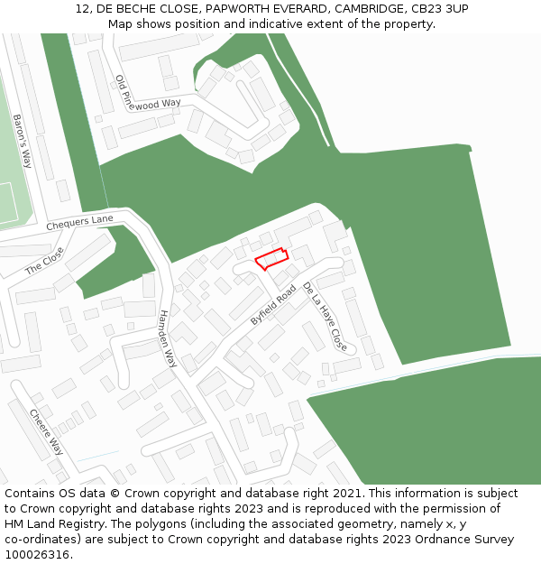 12, DE BECHE CLOSE, PAPWORTH EVERARD, CAMBRIDGE, CB23 3UP: Location map and indicative extent of plot