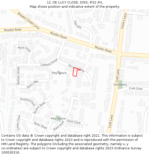 12, DE LUCY CLOSE, DISS, IP22 4YL: Location map and indicative extent of plot