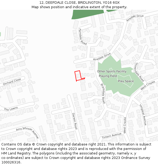 12, DEEPDALE CLOSE, BRIDLINGTON, YO16 6GX: Location map and indicative extent of plot