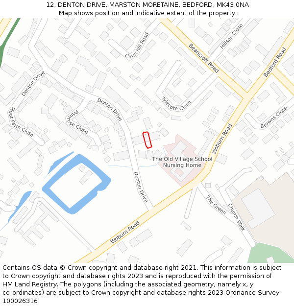 12, DENTON DRIVE, MARSTON MORETAINE, BEDFORD, MK43 0NA: Location map and indicative extent of plot