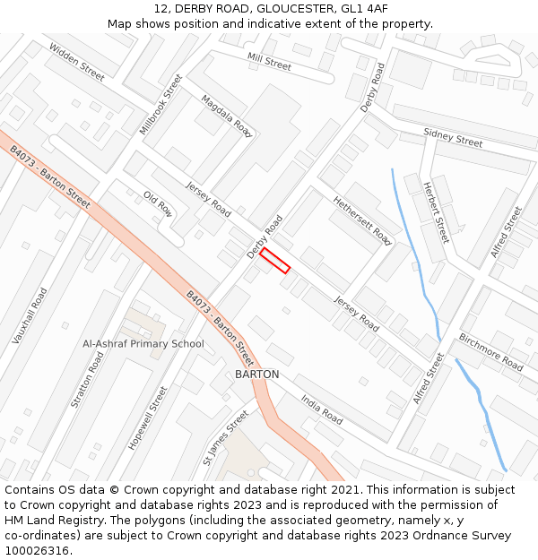 12, DERBY ROAD, GLOUCESTER, GL1 4AF: Location map and indicative extent of plot