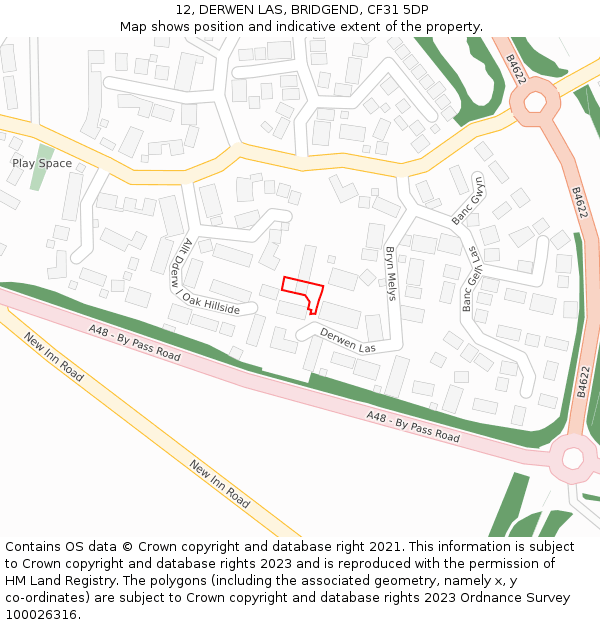 12, DERWEN LAS, BRIDGEND, CF31 5DP: Location map and indicative extent of plot