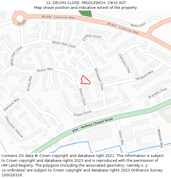 12, DEVON CLOSE, MIDDLEWICH, CW10 9GT: Location map and indicative extent of plot