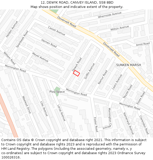 12, DEWYK ROAD, CANVEY ISLAND, SS8 8BD: Location map and indicative extent of plot