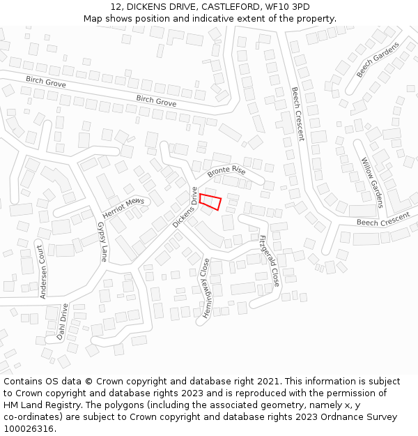 12, DICKENS DRIVE, CASTLEFORD, WF10 3PD: Location map and indicative extent of plot