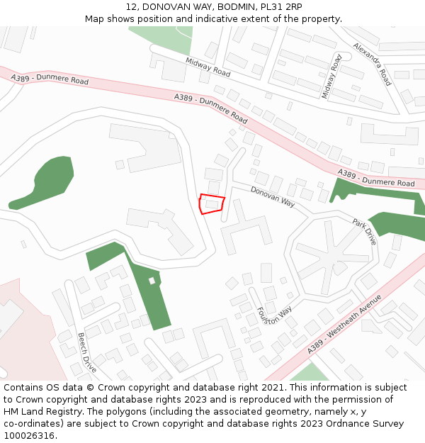 12, DONOVAN WAY, BODMIN, PL31 2RP: Location map and indicative extent of plot