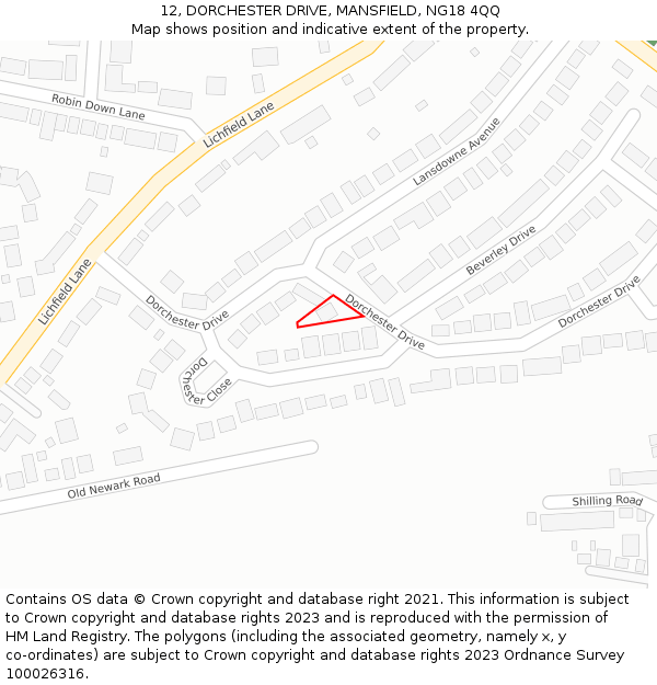 12, DORCHESTER DRIVE, MANSFIELD, NG18 4QQ: Location map and indicative extent of plot