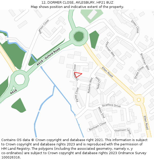 12, DORMER CLOSE, AYLESBURY, HP21 8UZ: Location map and indicative extent of plot