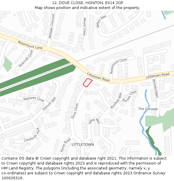 12, DOVE CLOSE, HONITON, EX14 2GP: Location map and indicative extent of plot