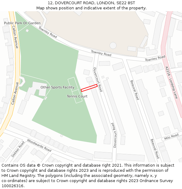 12, DOVERCOURT ROAD, LONDON, SE22 8ST: Location map and indicative extent of plot