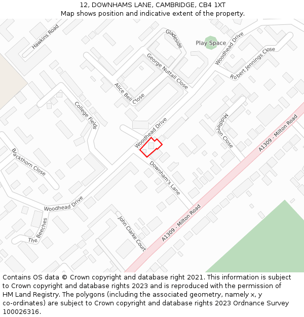 12, DOWNHAMS LANE, CAMBRIDGE, CB4 1XT: Location map and indicative extent of plot