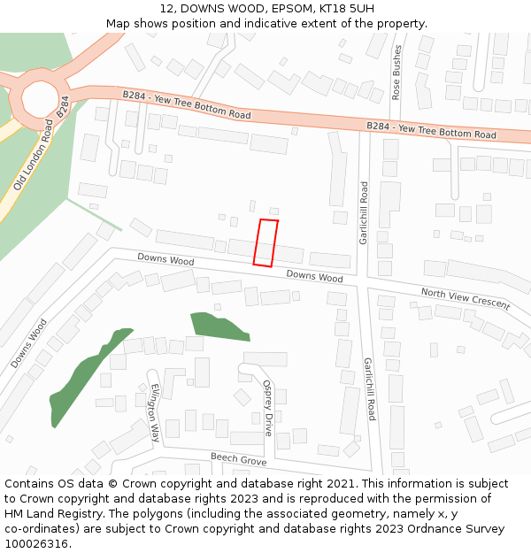 12, DOWNS WOOD, EPSOM, KT18 5UH: Location map and indicative extent of plot