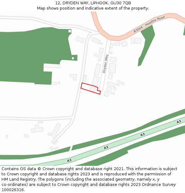 12, DRYDEN WAY, LIPHOOK, GU30 7QB: Location map and indicative extent of plot