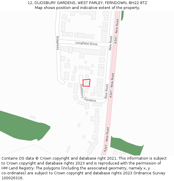 12, DUDSBURY GARDENS, WEST PARLEY, FERNDOWN, BH22 8TZ: Location map and indicative extent of plot