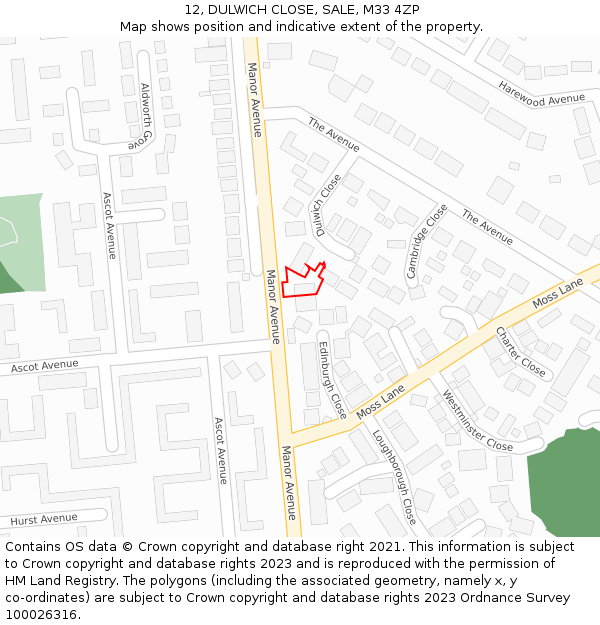 12, DULWICH CLOSE, SALE, M33 4ZP: Location map and indicative extent of plot