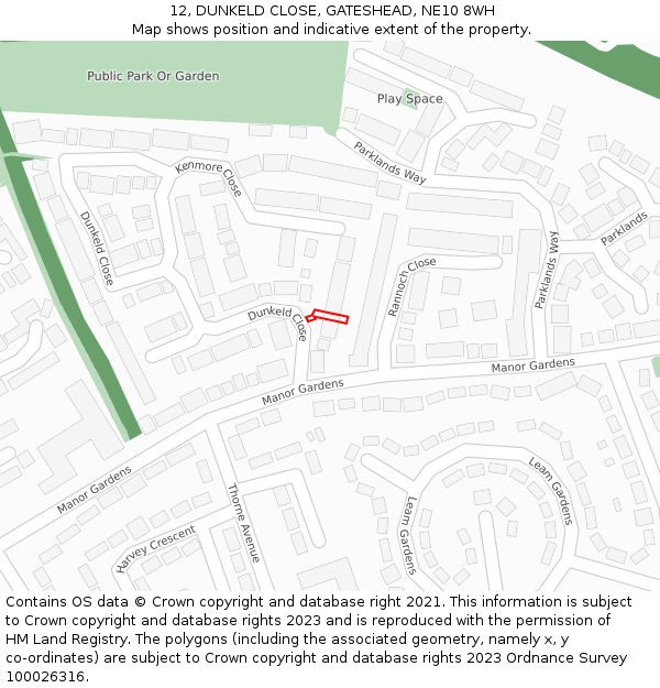 12, DUNKELD CLOSE, GATESHEAD, NE10 8WH: Location map and indicative extent of plot