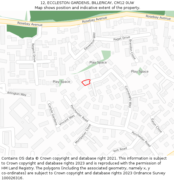 12, ECCLESTON GARDENS, BILLERICAY, CM12 0UW: Location map and indicative extent of plot