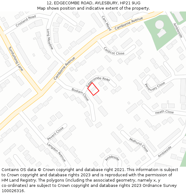 12, EDGECOMBE ROAD, AYLESBURY, HP21 9UG: Location map and indicative extent of plot