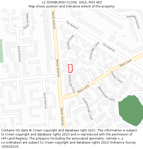12, EDINBURGH CLOSE, SALE, M33 4EZ: Location map and indicative extent of plot