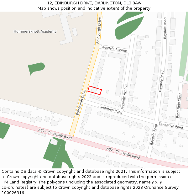 12, EDINBURGH DRIVE, DARLINGTON, DL3 8AW: Location map and indicative extent of plot