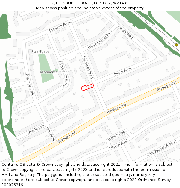 12, EDINBURGH ROAD, BILSTON, WV14 8EF: Location map and indicative extent of plot