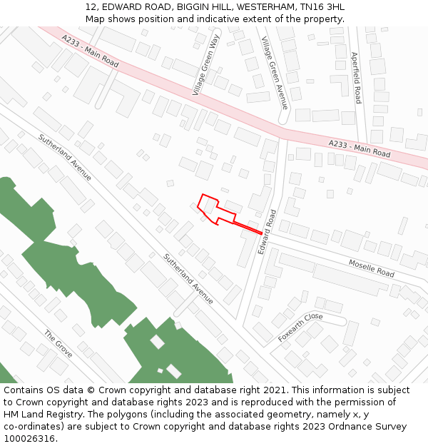 12, EDWARD ROAD, BIGGIN HILL, WESTERHAM, TN16 3HL: Location map and indicative extent of plot