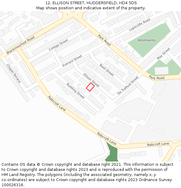 12, ELLISON STREET, HUDDERSFIELD, HD4 5DS: Location map and indicative extent of plot