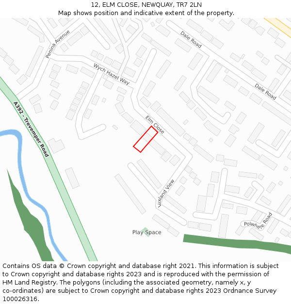 12, ELM CLOSE, NEWQUAY, TR7 2LN: Location map and indicative extent of plot